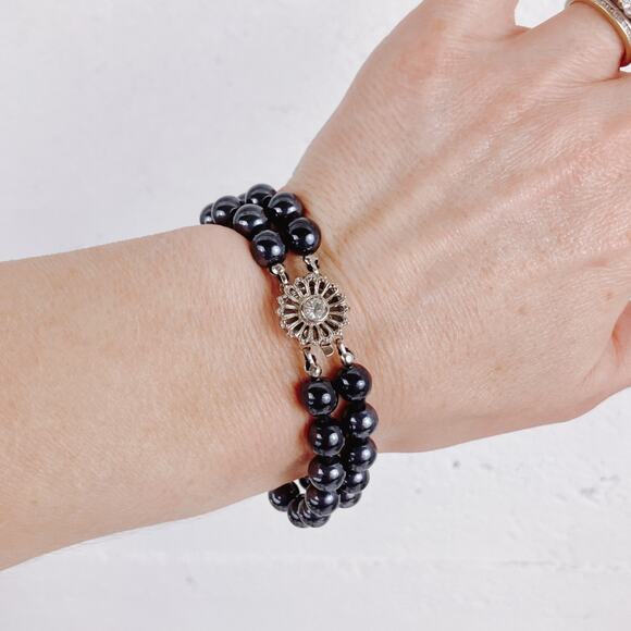 VTG Mid Century Bracelet Black Glass Double Strand Rhinestone Silver Tone Clasp - Picture 8 of 10